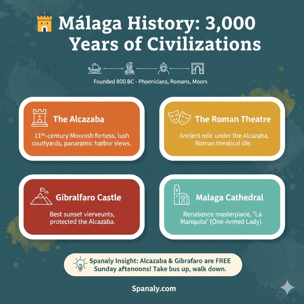 Infographic of Malaga history and landmarks including Alcazaba, Roman Theatre, Gibralfaro Castle, and Cathedral. Includes Spanaly travel tips.