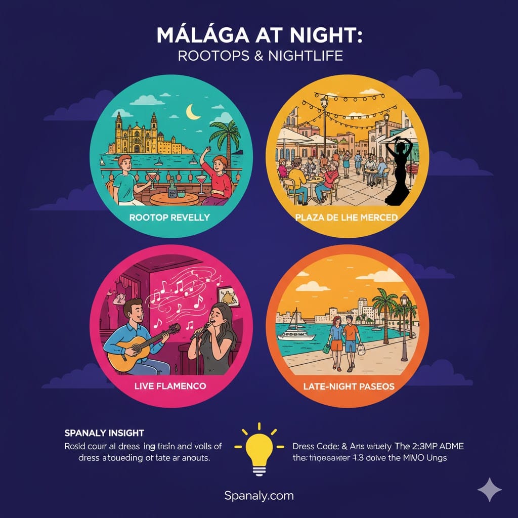Infographic of Malaga nightlife featuring rooftop bars, Plaza de la Merced, live Flamenco, and Muelle Uno. Includes Spanaly evening dress code tips.