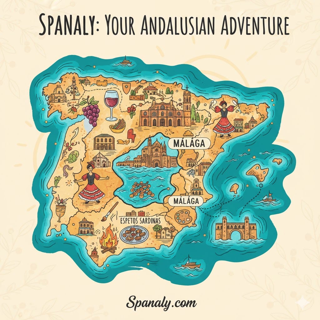 An artistic illustrated map of Spain highlighting Málaga with icons for the Cathedral, Espetos sardines, Flamenco, and sun. Header: Spanaly: Your Andalusian Adventure.
