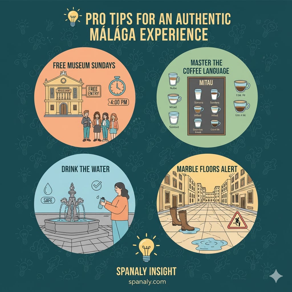 Infographic of pro travel tips for Malaga, including free museum Sundays, local coffee language, safe tap water, and slippery marble floors. Features Spanaly expert cultural insights.