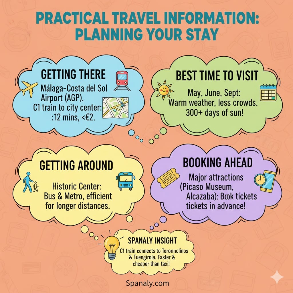 Infographic of practical travel information for Malaga, including airport transport, best time to visit, and booking tips. Features Spanaly expert planning advice.