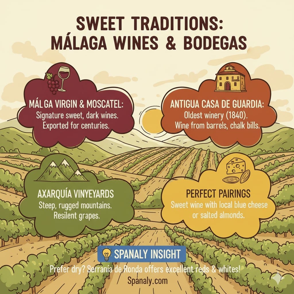 Infographic of Malaga wines and bodegas including Antigua Casa de Guardia, Moscatel, and Axarquia vineyards. Features Spanaly wine tasting tips.