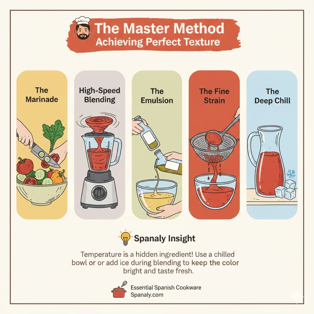 A professional five-step infographic for making Gazpacho: The Marinade, High-Speed Blending, The Emulsion with olive oil, The Fine Strain, and The Deep Chill. Features a Spanaly Insight about using ice to preserve color and freshness.