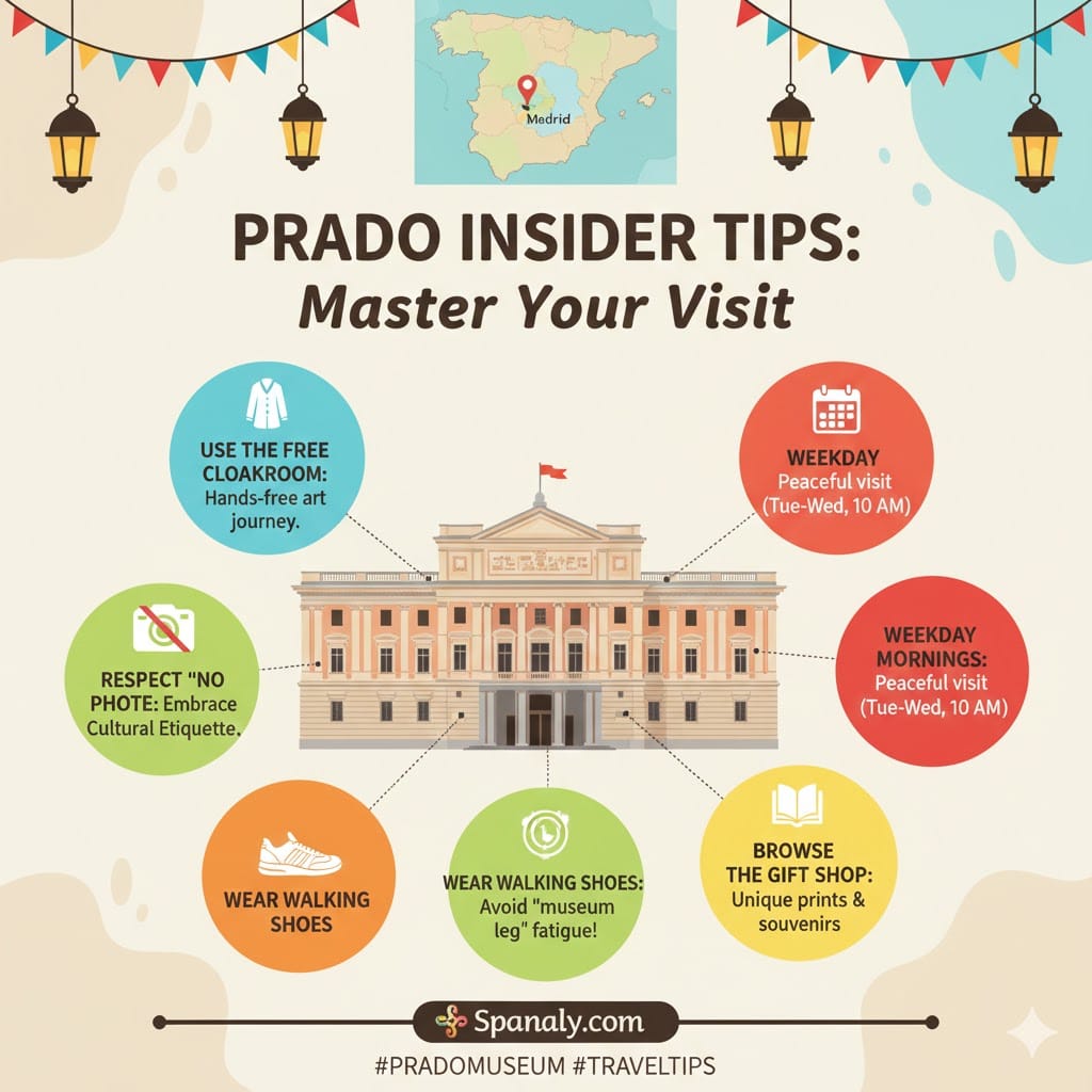 A creative and colorful infographic for the Prado Museum in Madrid, featuring a central illustration of the neoclassical building, a map of Spain, and 5 expert tips in circular bubbles for a perfect visitor experience.