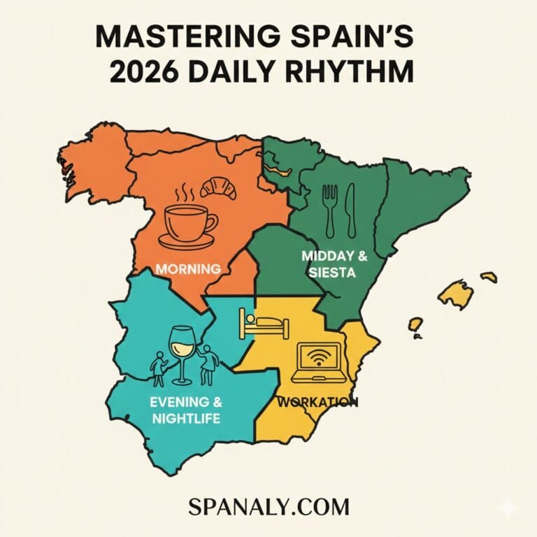 A comprehensive 2026 guide map of Spain showing the daily rhythm sections: Morning coffee, Midday siesta, Evening nightlife, and Workation tips, with the title Mastering Spain's 2026 Daily Rhythm and Spanaly.com logo.