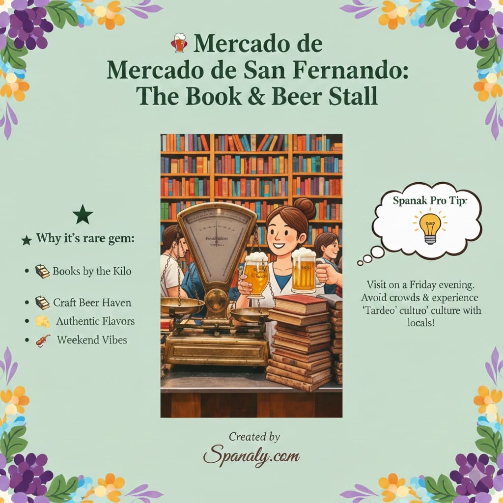 A colorful infographic of Mercado de San Fernando in Madrid, showcasing books sold by weight and craft beer with Spanaly.com travel tips.