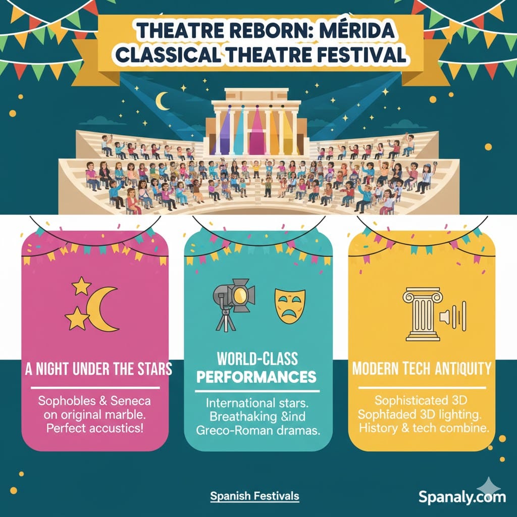 A vibrant infographic about the International Festival of Classical Theatre in Mérida, highlighting night performances under the stars, world-class dramas, and modern lighting tech - Spanaly.com 2026.