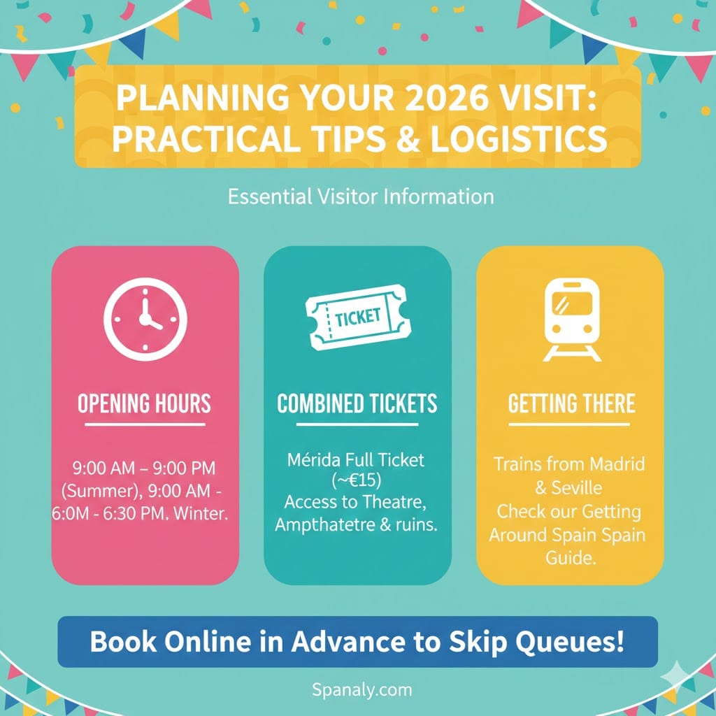 A colorful infographic for planning a visit to the Roman Theatre of Mérida in 2026, including opening hours, ticket info, and transportation tips - Spanaly.com 2026.