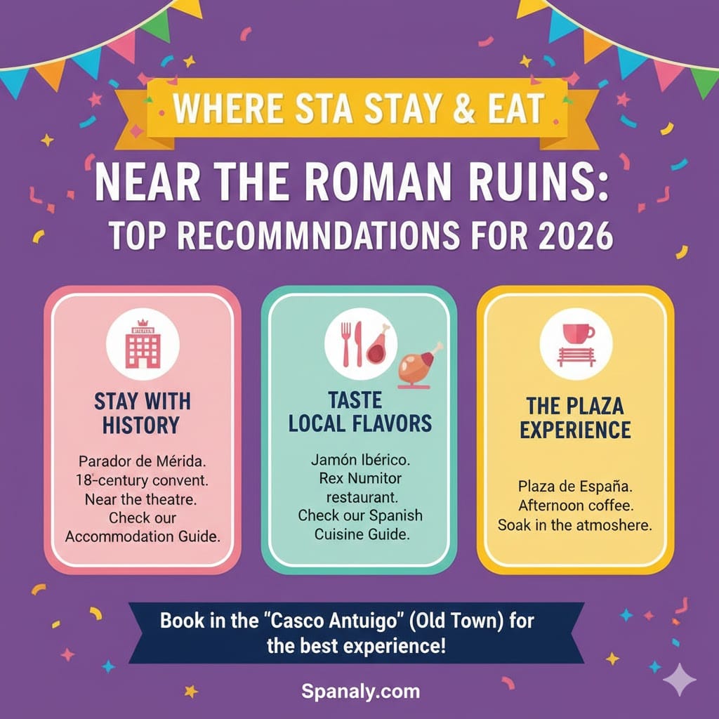 A colorful infographic showing where to stay and eat near the Roman Theatre of Mérida, featuring the Parador de Mérida and local Extremaduran cuisine - Spanaly.com.