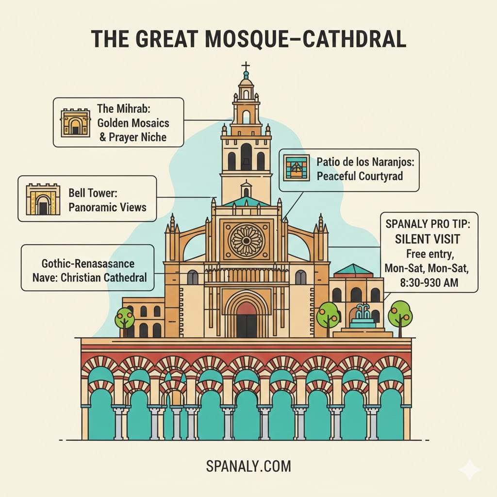 Detailed infographic of the Mosque-Cathedral of Cordoba showing the Mihrab, Bell Tower, and the Gothic Nave with travel tips.