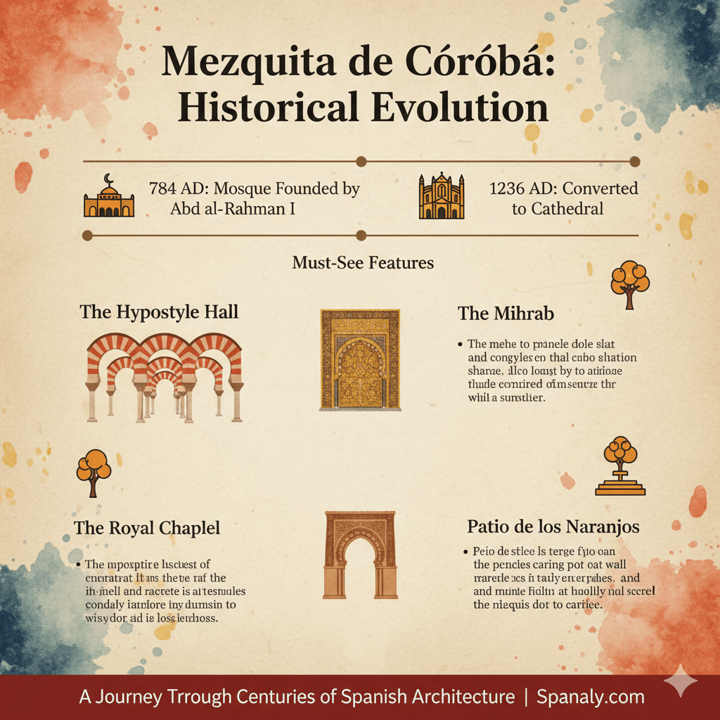 Infographic showing the historical evolution of the Mezquita de Córdoba from an 8th-century mosque to a 13th-century cathedral, featuring the Mihrab and Hypostyle Hall for SEO.