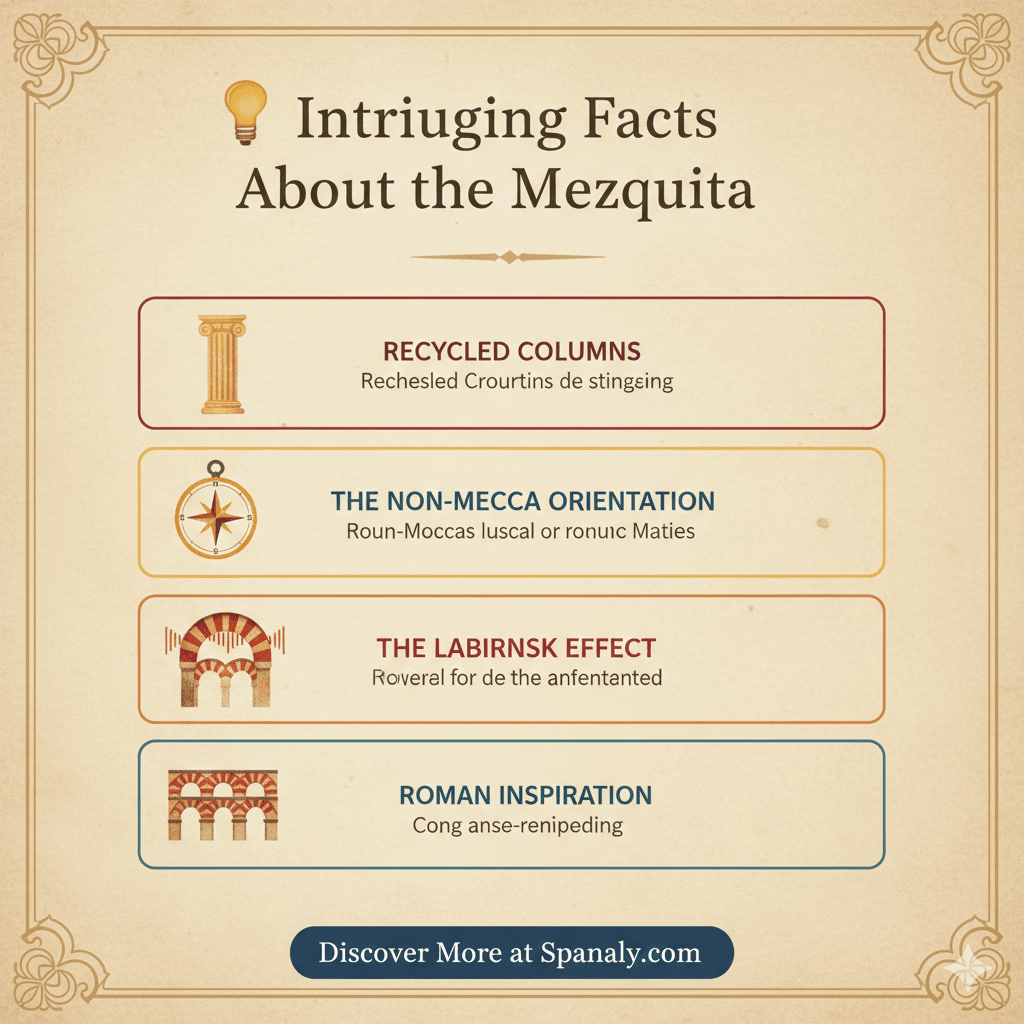 An infographic highlighting intriguing facts about the Mezquita de Córdoba, including its non-Mecca orientation, recycled Roman columns, and the labyrinth effect of its arches for SEO.