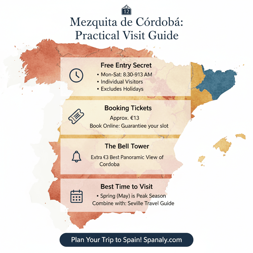 A practical infographic for visiting the Mezquita de Córdoba, featuring free entry tips, ticket prices, and the Bell Tower, with a background map of Spain for SEO.