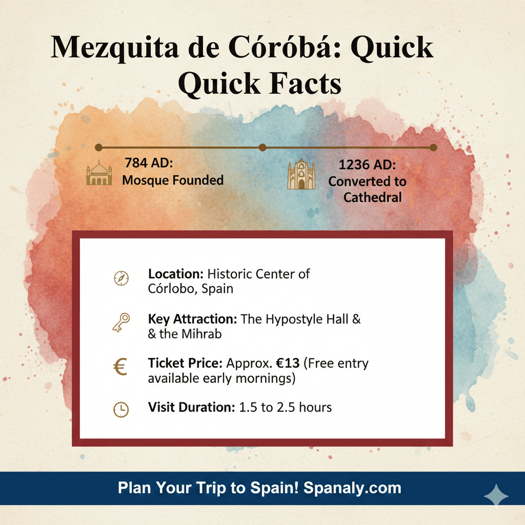 Infographic showing quick facts about the Mezquita de Córdoba, including its 784 AD origins, location in Spain, ticket prices, and visit duration for SEO.