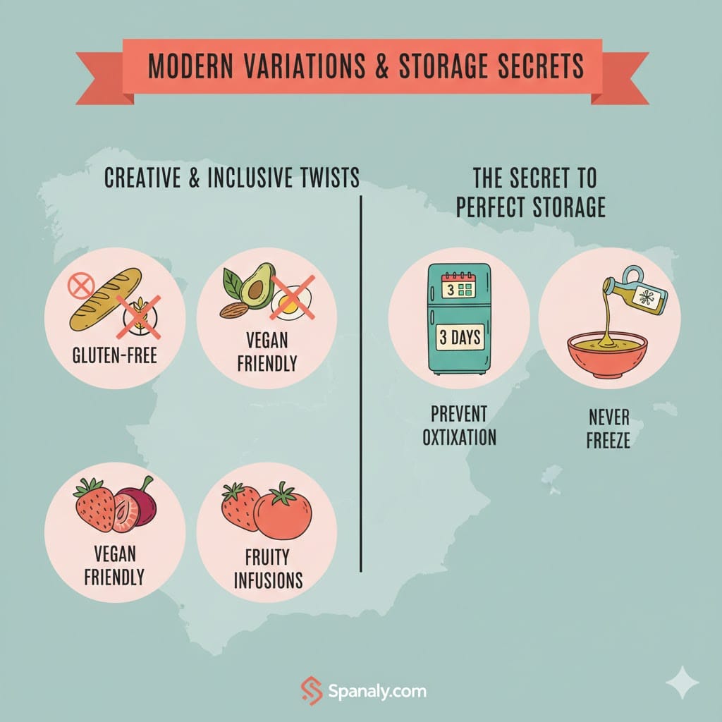 A colorful 2026 infographic by Spanaly showing modern Salmorejo variations including gluten-free, vegan-friendly, and fruity infusions, alongside storage tips like preventing oxidation with olive oil.