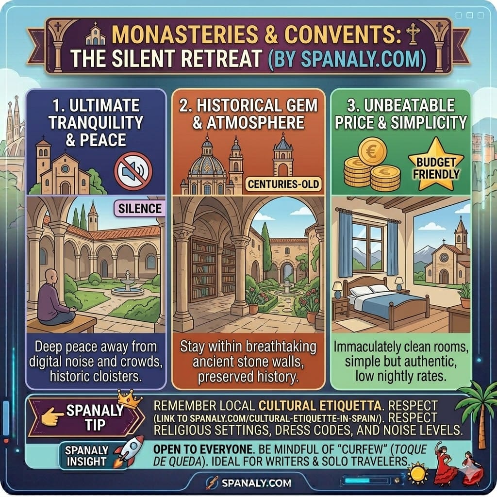 Infographic about staying in Spanish monasteries and convents, featuring tips on tranquility, historical atmosphere, and cultural etiquette by Spanaly.com.
