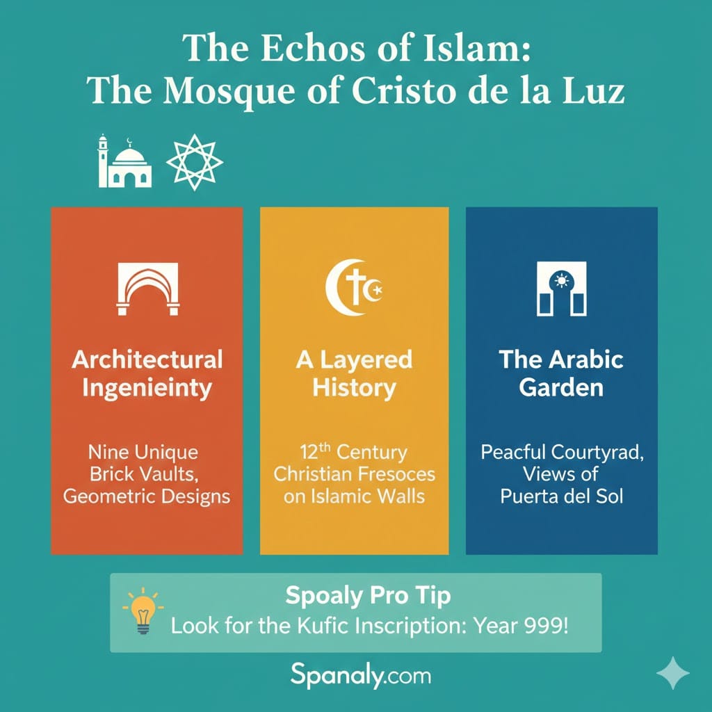 An educational and colorful infographic titled The Echoes of Islam: The Mosque of Cristo de la Luz. It features three sections: Architectural Ingenuity (Nine unique brick vaults), A Layered History (12th-century Christian frescoes on Islamic walls), and The Arabic Garden (Views of Puerta del Sol). A light teal footer includes a Spanaly Pro Tip to look for the Kufic inscription from the year 999.