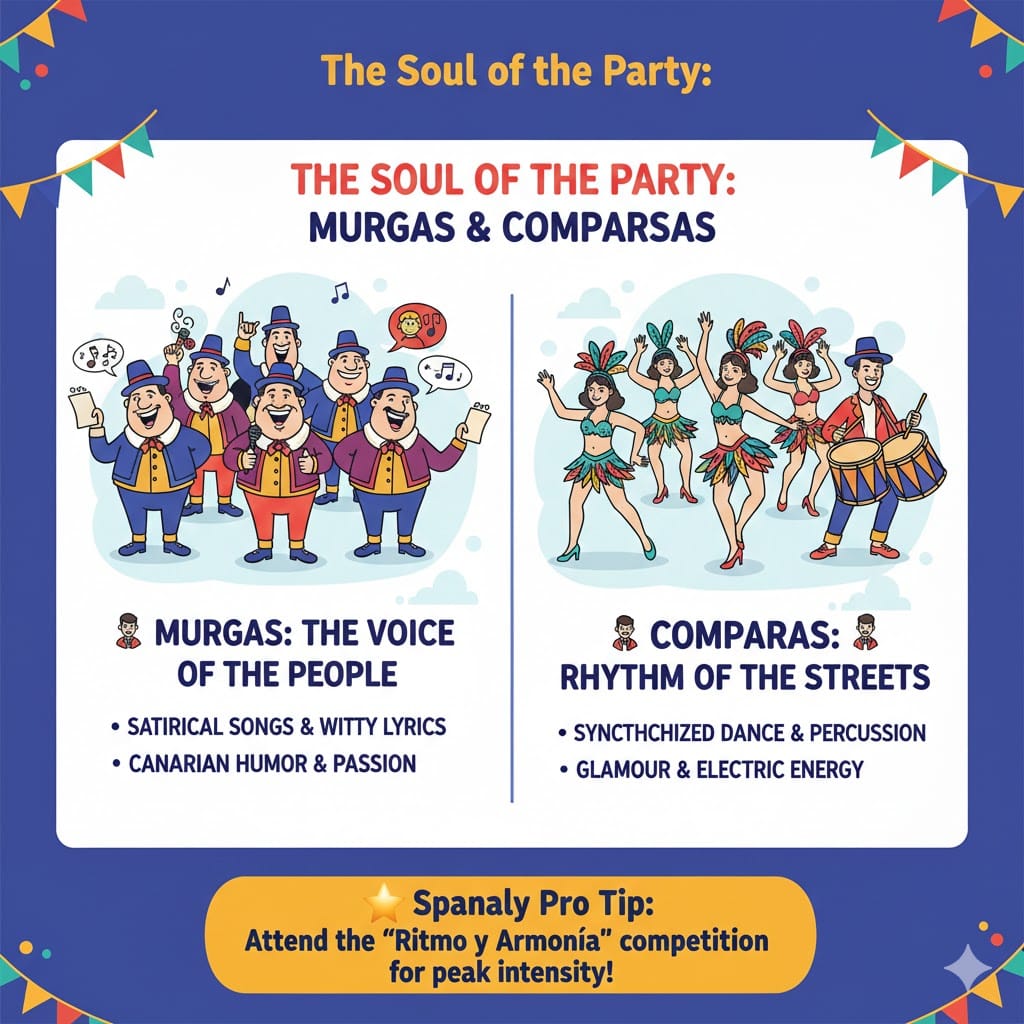 Infographic explaining the difference between Murgas (satirical musical groups) and Comparsas (dance and percussion troupes) in the Carnival of Santa Cruz de Tenerife.