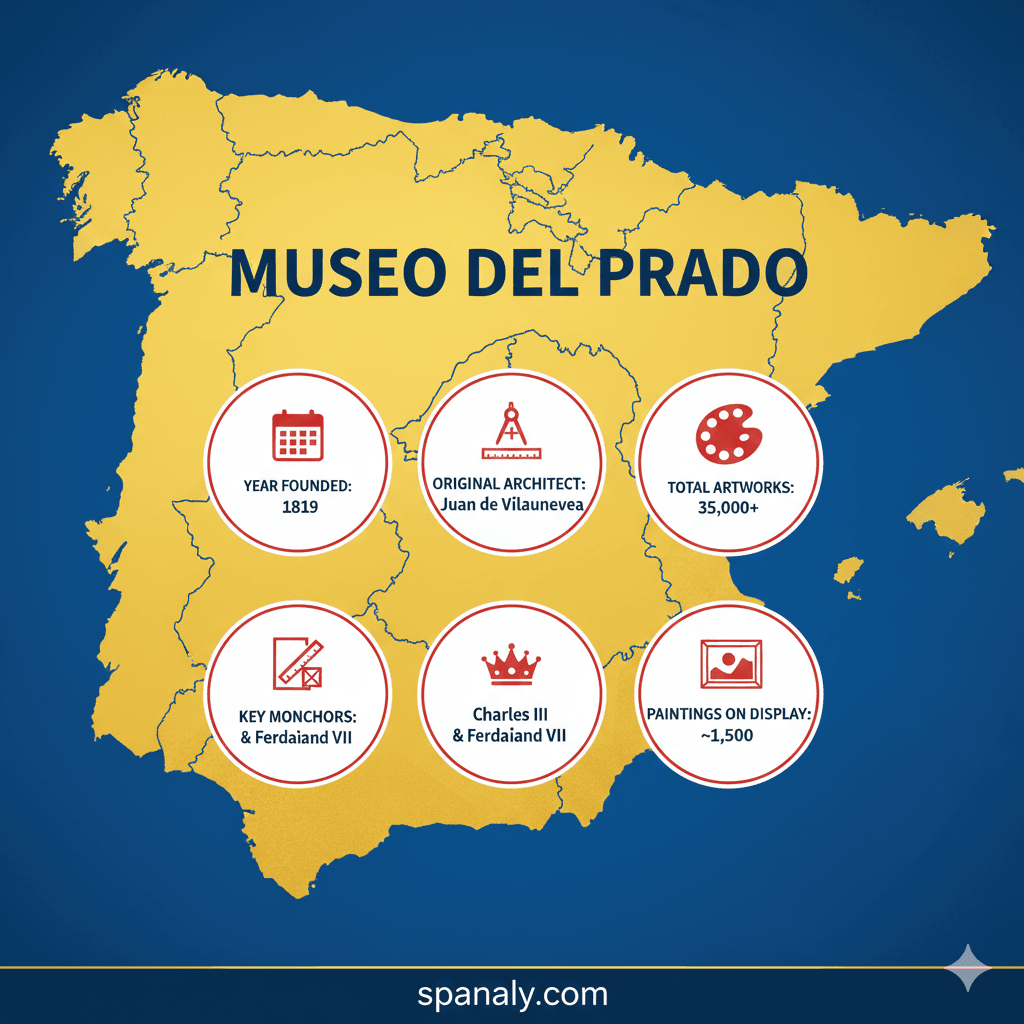 A comprehensive infographic of the Museo del Prado in Madrid by spanaly.com, featuring a map of Spain in the background and key facts: founded in 1819, architect Juan de Villanueva, over 35,000 artworks, and patronage by Charles III and Ferdinand VII.