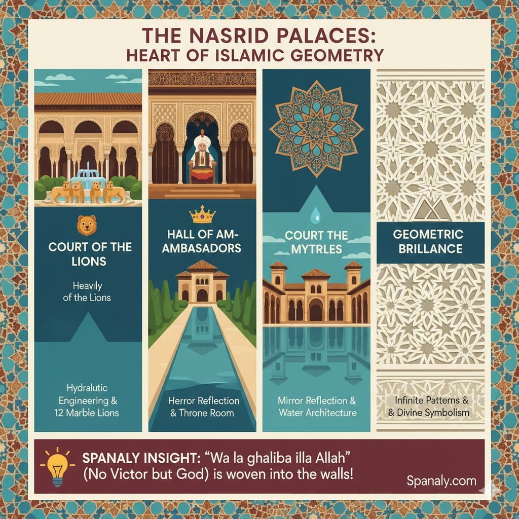 An architectural infographic of the Nasrid Palaces in Alhambra Granada featuring the Court of the Lions, Hall of the Ambassadors, and Court of the Myrtles. It showcases Islamic geometric patterns, hydraulic engineering, and the Spanaly insight about the Nasrid motto woven into the walls.
