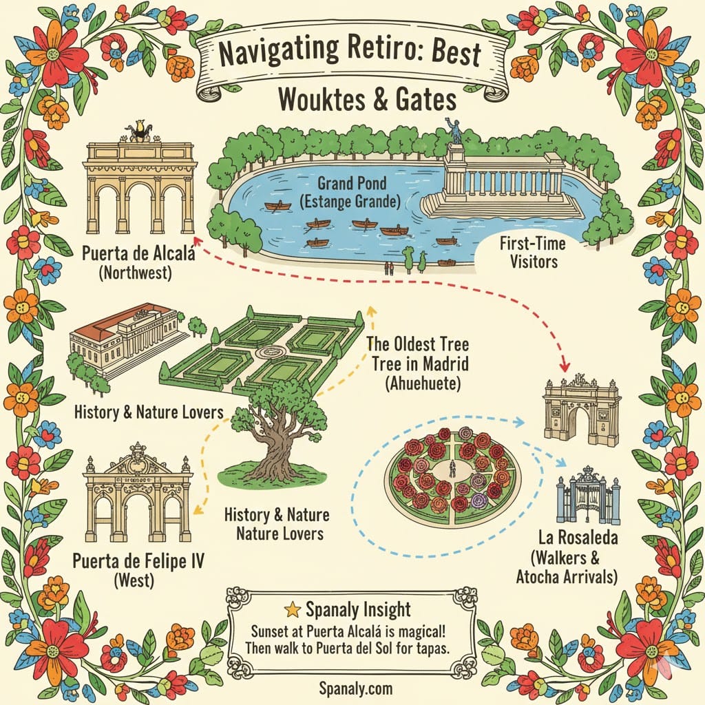 A colorful infographic map showing the best gates and walking routes in Retiro Park, Madrid. It features Puerta de Alcalá for first-time visitors, Puerta de Felipe IV for history lovers near the oldest tree, and Puerta de Granada near La Rosaleda. Includes a sunset tip in the Spanaly Insight box. Created by Spanaly.com.