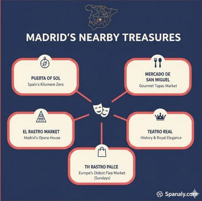 An informative infographic showing top attractions near Plaza Mayor in Madrid, including Puerta del Sol, Mercado de San Miguel, and the Royal Palace with Spanaly branding.