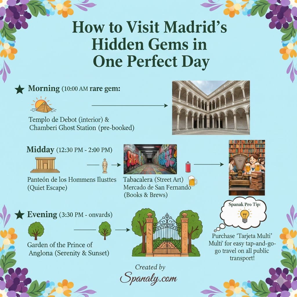 A colorful illustrated infographic showing a one-day plan to visit Madrid's hidden gems, including Templo de Debod, Chamberí station, and Mercado de San Fernando with Spanaly tips.