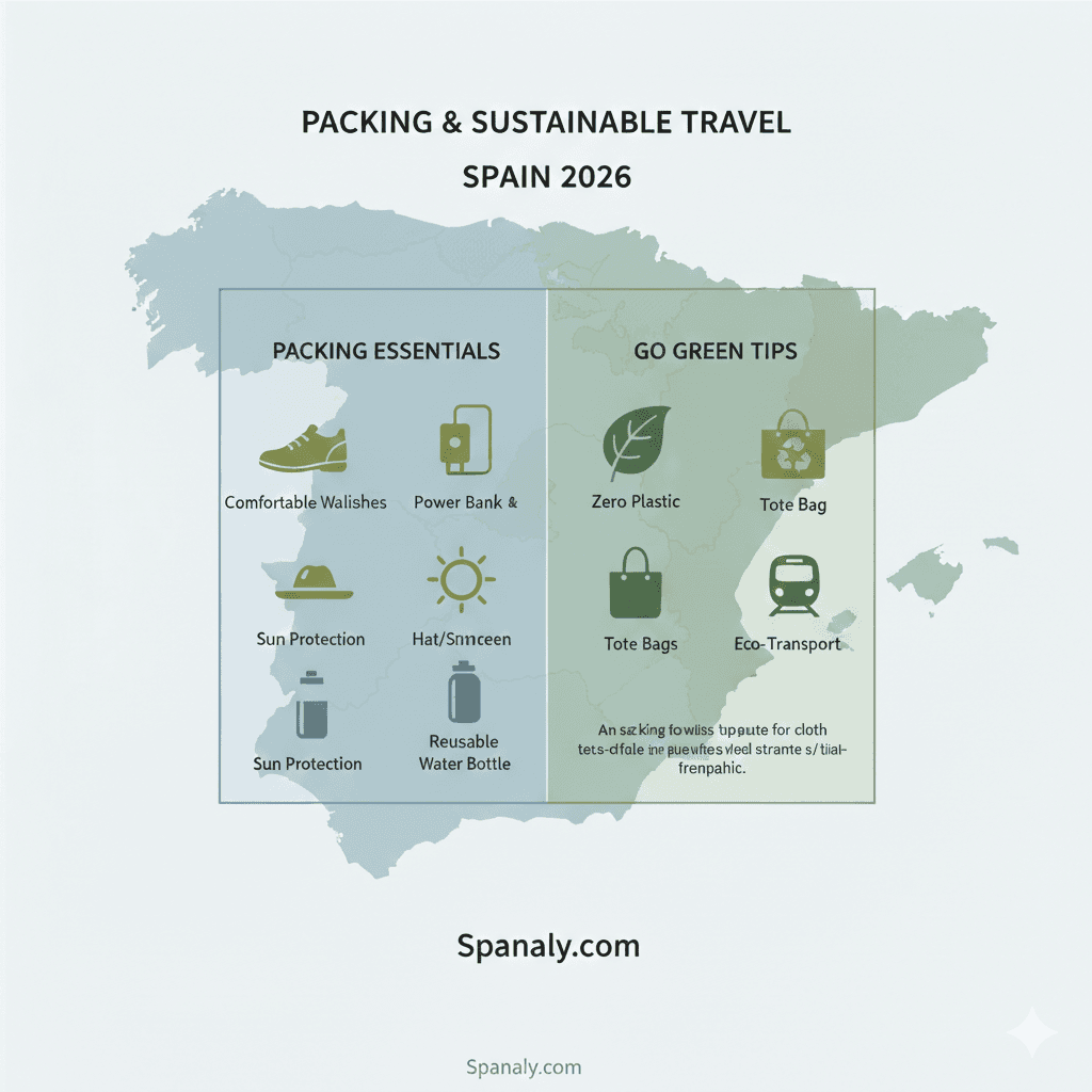 A professional 2026 infographic for Spanaly.com divided into two sections: Packing Essentials (shoes, power bank, sun protection) and Go Green Tips (zero plastic, tote bags, eco-transport) over a map of Spain background.