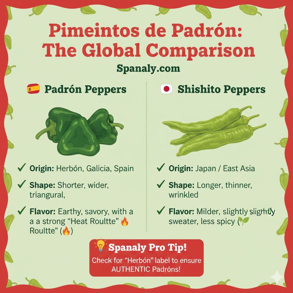 A side-by-side comparison infographic between Spanish Padrón peppers and Japanese Shishito peppers, highlighting differences in origin, shape, and flavor - Spanaly.com.