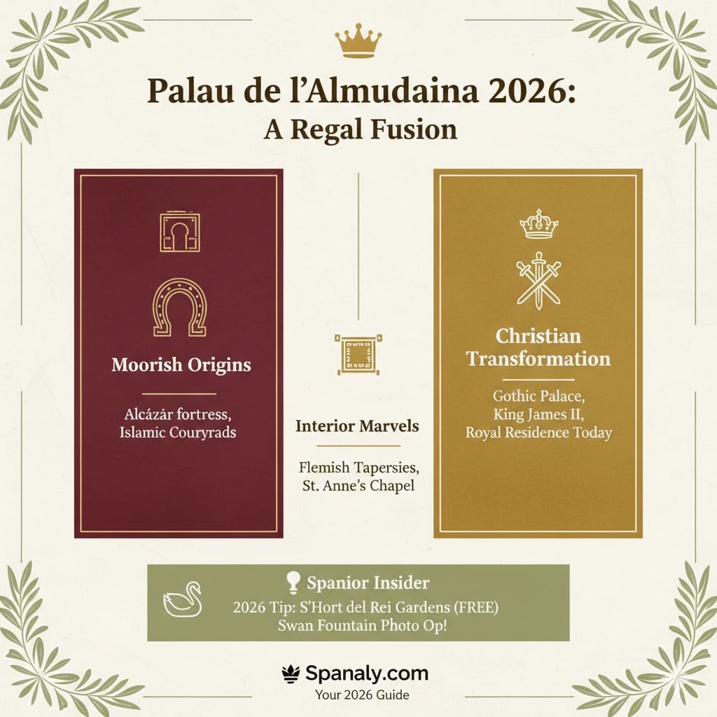 Infographic of the Royal Palace of La Almudaina in Palma de Mallorca for 2026, showcasing its Moorish origins, Christian Gothic transformation, and interior marvels like Flemish tapestries, with travel tips for S'Hort del Rei Gardens by Spanaly.com.