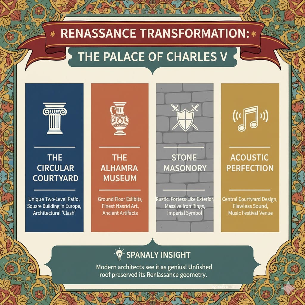 A colorful Renaissance-themed infographic of the Palace of Charles V in Alhambra Granada, featuring the Circular Courtyard, the Alhambra Museum, Stone Masonry, and Acoustic Perfection, with a Spanaly insight about its unfinished roof and geometric brilliance.