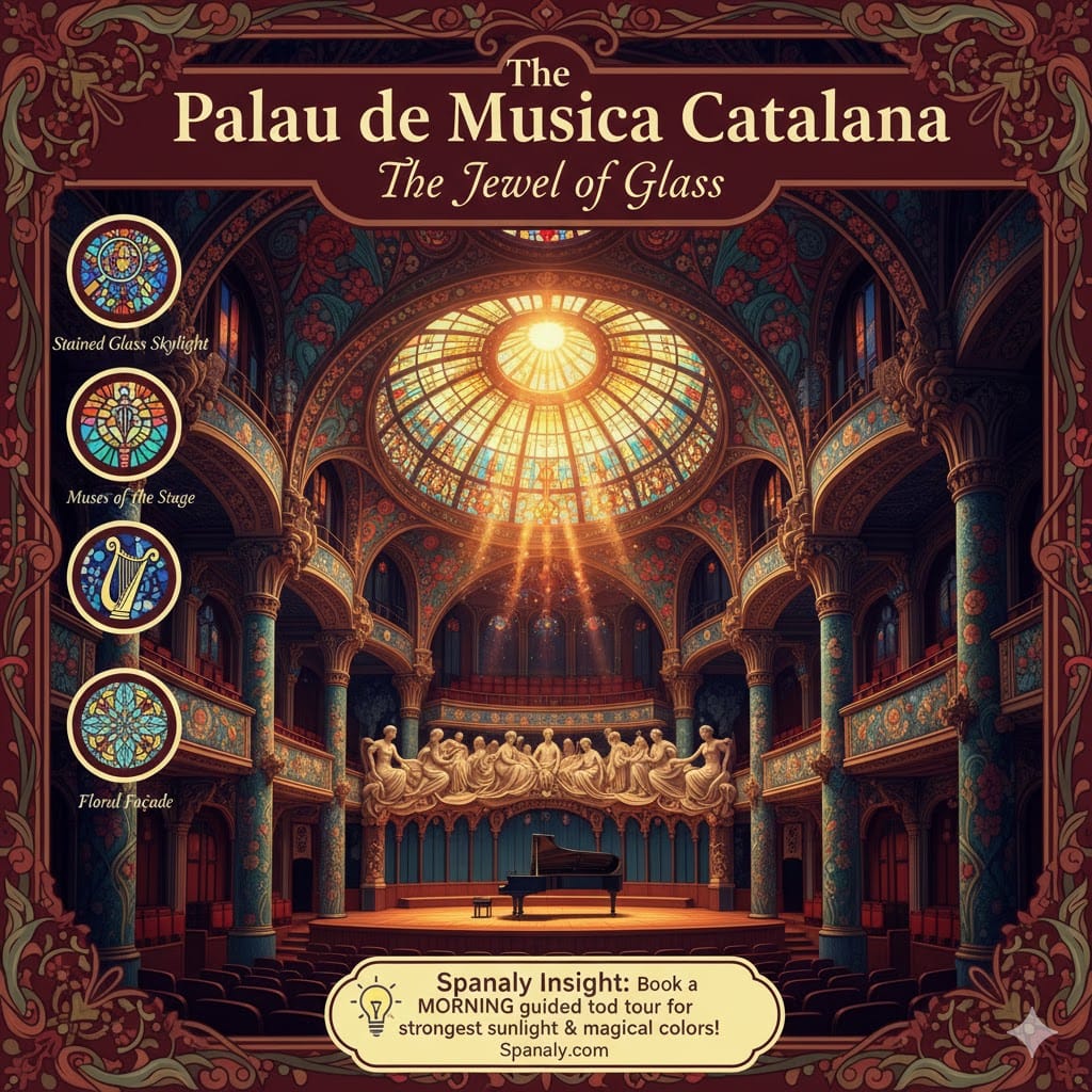 Vibrant infographic of the Palau de la Música Catalana auditorium, featuring the iconic sun-shaped stained glass skylight and stage sculptures. Includes icons for the skylight, muses of the stage, and floral façade with a Spanaly Insight recommending a morning tour.