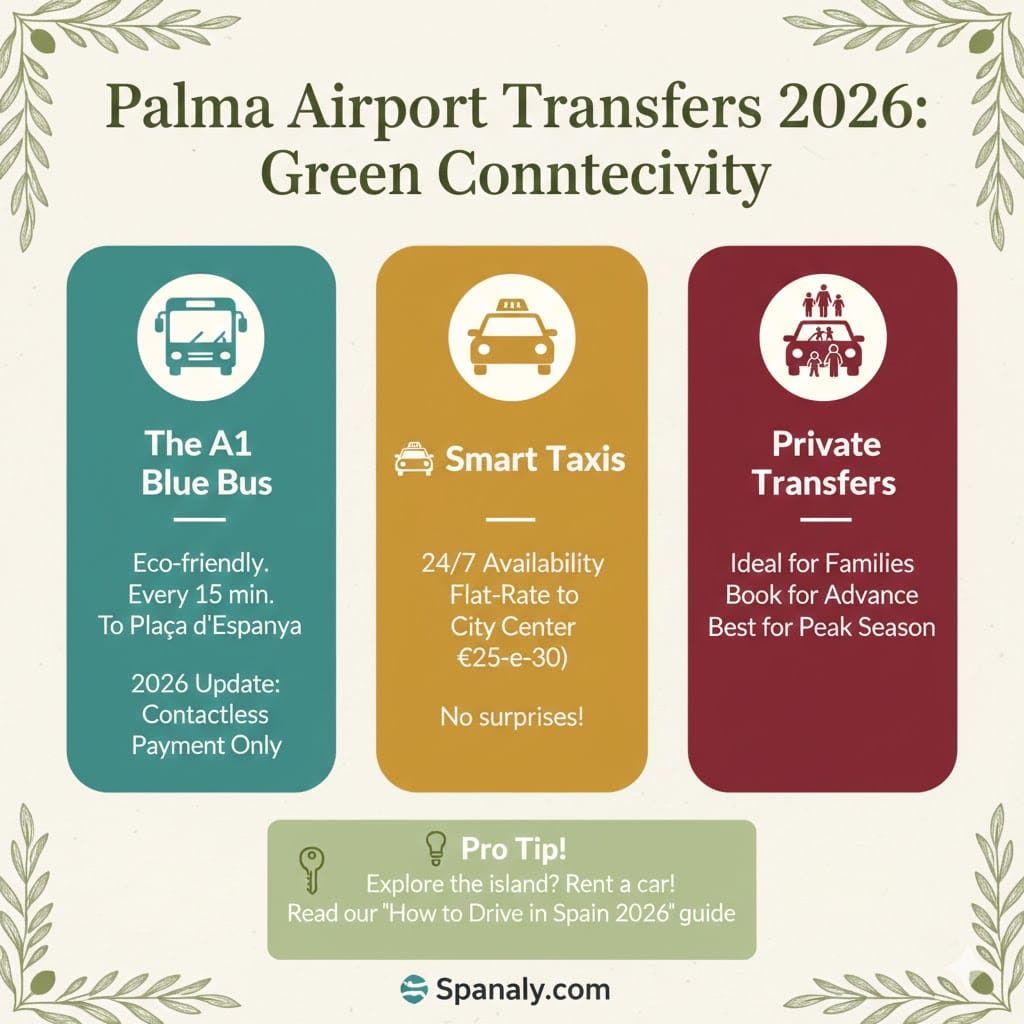 Infographic of Palma de Mallorca Airport (PMI) transfer options for 2026, featuring the A1 Blue Bus with contactless payment, Smart Taxis with flat rates, and private transfers, designed by Spanaly.com.