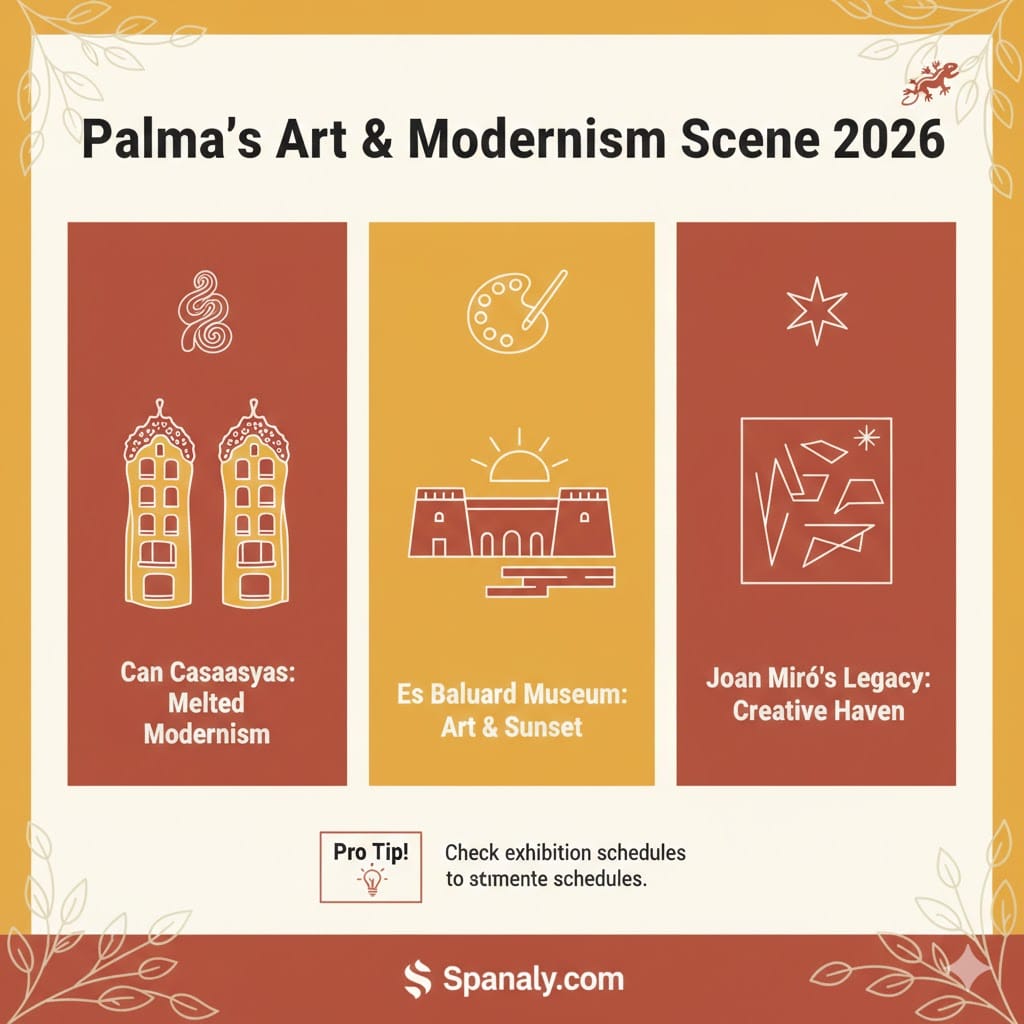 Infographic of Palma's Art and Modernism scene for 2026, featuring the 'melted' Can Casasayas buildings, Es Baluard Museum for modern art and sunsets, and Joan Miró’s creative studio legacy, by Spanaly.com.