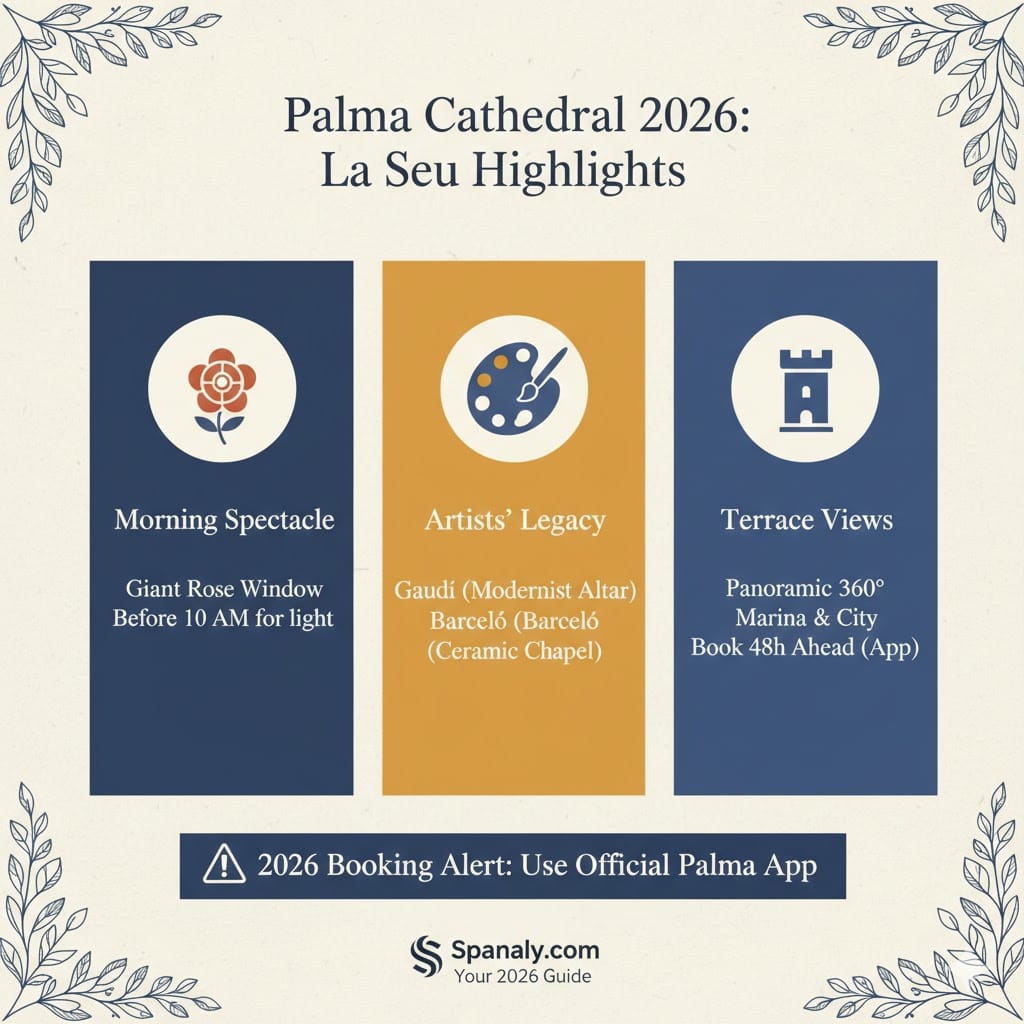 Infographic of Palma Cathedral (La Seu) for 2026 visitors, highlighting the best time to see the rose window, the artistic legacies of Gaudí and Barceló, terrace views, and the official app booking alert, by Spanaly.com.