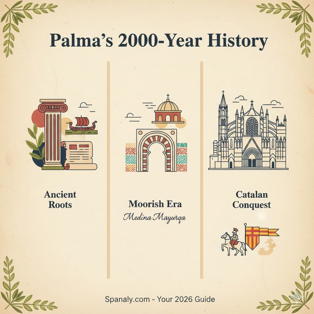 Infographic showing the 2,000-year history of Palma de Mallorca in three stages: Ancient Roman roots, the Moorish era of Medina Mayurqa, and the Catalan conquest, designed for the 2026 travel guide by Spanaly.com.
