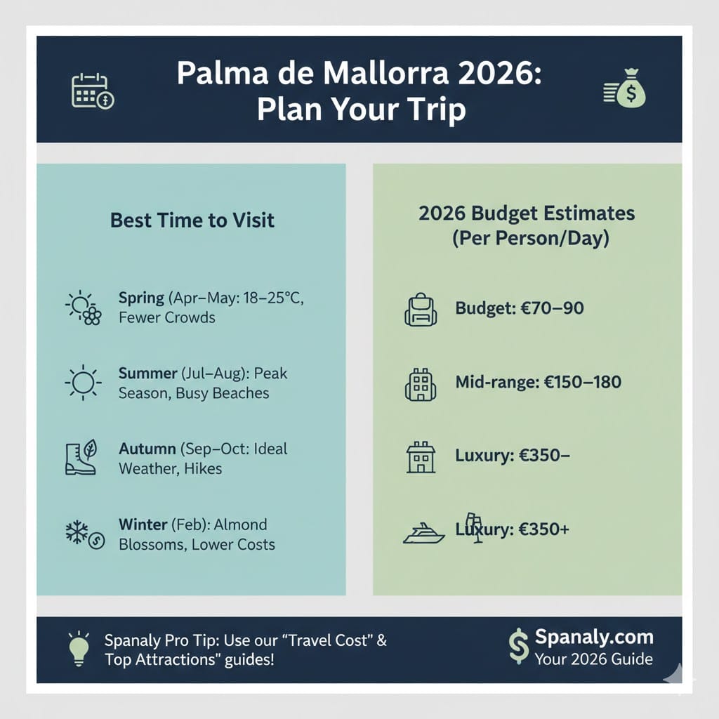 Infographic for planning a trip to Palma de Mallorca in 2026, including the best time to visit by season, daily budget estimates for budget, mid-range, and luxury travelers, and a tip to check the Travel Cost in Spain guide by Spanaly.com.