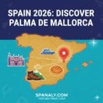 Illustrated map of Spain for 2026 travel, highlighting Palma de Mallorca with colorful icons of the La Seu Cathedral, Ensaimada pastry, luxury yachts, and hiking boots, by Spanaly.com.