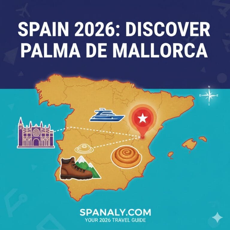 Illustrated map of Spain for 2026 travel, highlighting Palma de Mallorca with colorful icons of the La Seu Cathedral, Ensaimada pastry, luxury yachts, and hiking boots, by Spanaly.com.