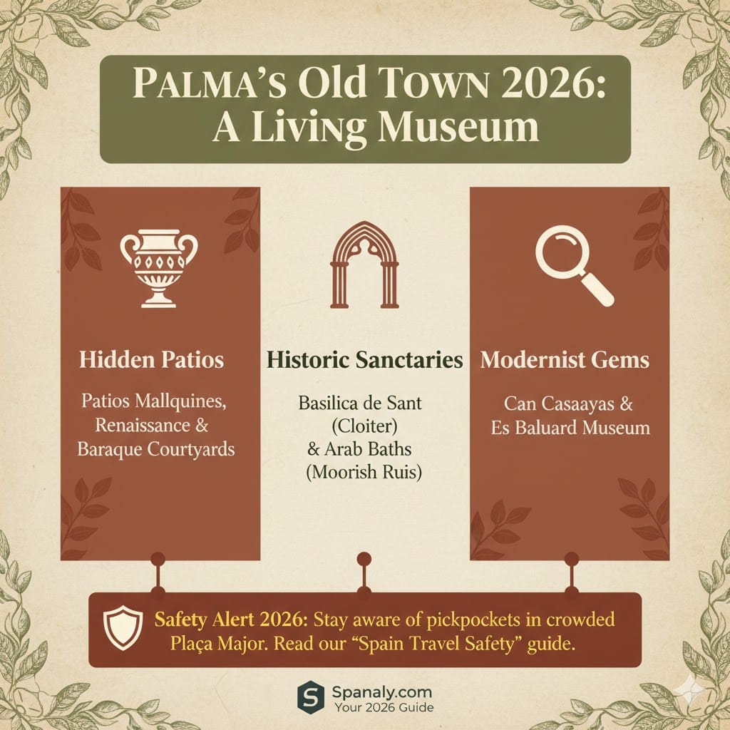 Infographic of Palma de Mallorca's Old Town (Casco Antiguo) for 2026, featuring hidden patios, the Basilica de Sant Francesc, Arab Baths, and a safety alert for travelers regarding pickpockets in Plaça Major, by Spanaly.com.