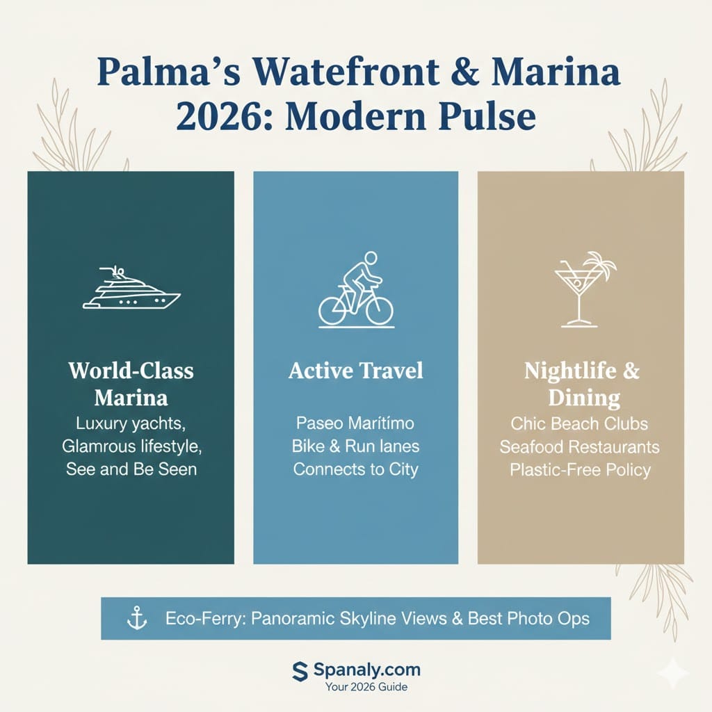 Infographic of Palma’s Waterfront and Marina for 2026 visitors, highlighting the world-class superyacht marina, active travel lanes on Paseo Marítimo, plastic-free nightlife and dining, and the eco-ferry for skyline views, by Spanaly.com.