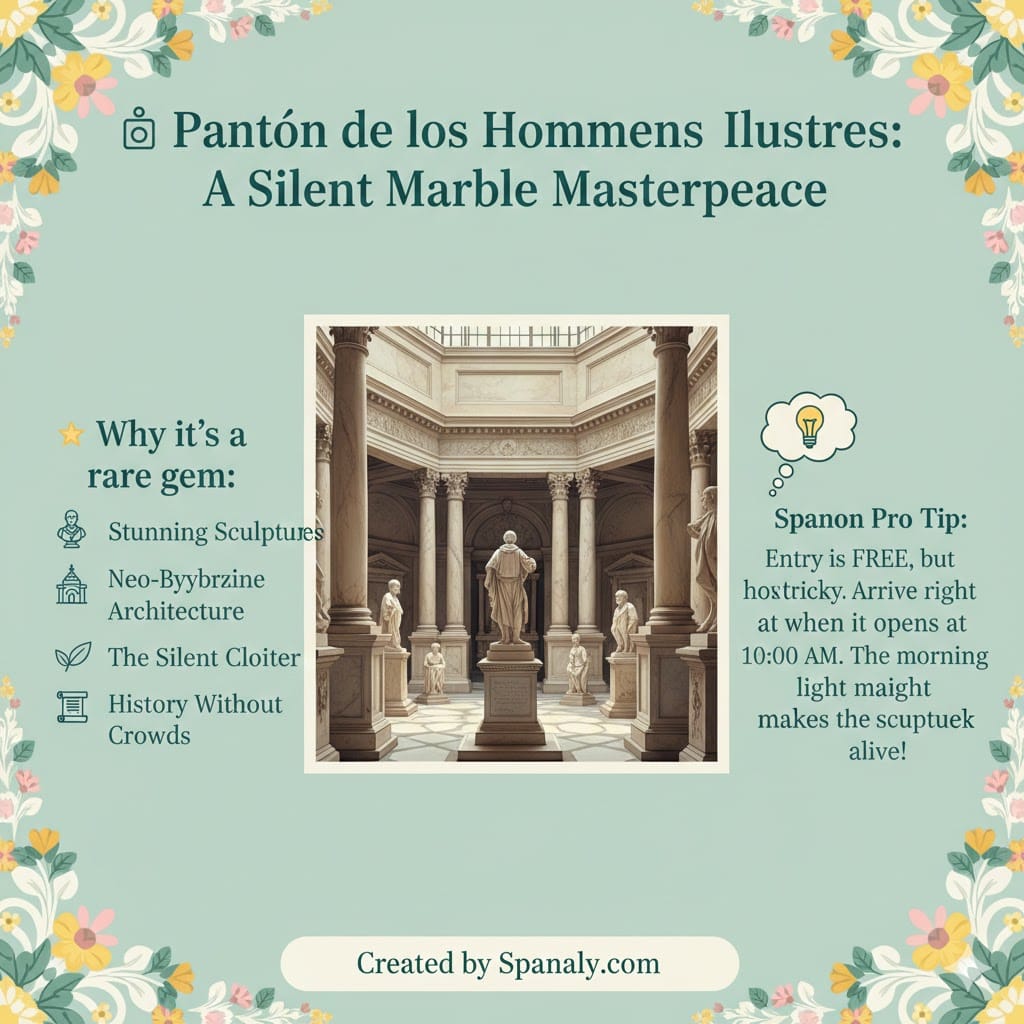 A vibrant infographic of the Panteón de los Hombres Ilustres in Madrid, featuring its Neo-Byzantine architecture, marble sculptures, and pro travel tips by Spanaly.com.
