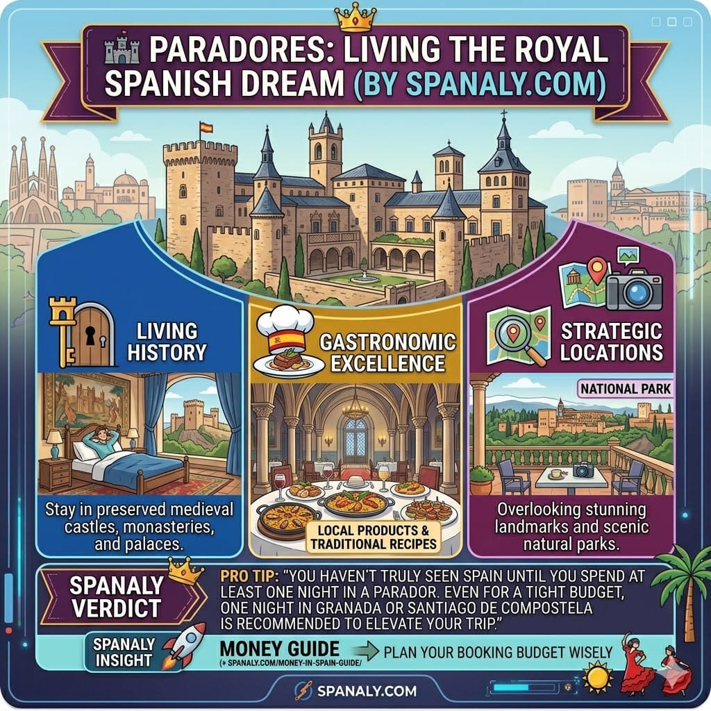 Infographic of Paradores in Spain showing luxury stays in historic castles and monasteries with traditional Spanish gastronomy by Spanaly.com.