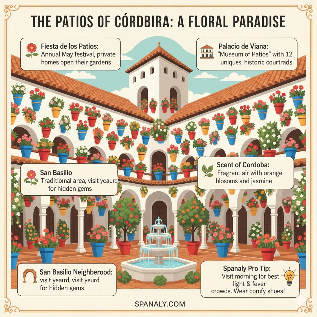 Detailed colorful infographic about the Patios of Cordoba and Palacio de Viana, featuring flower festival info and travel tips.
