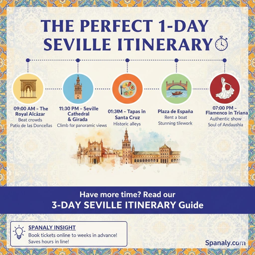 A professional 1-day Seville itinerary infographic showing a timeline from the Royal Alcázar in the morning to a Flamenco show in Triana at night, including stops at the Cathedral and Plaza de España.