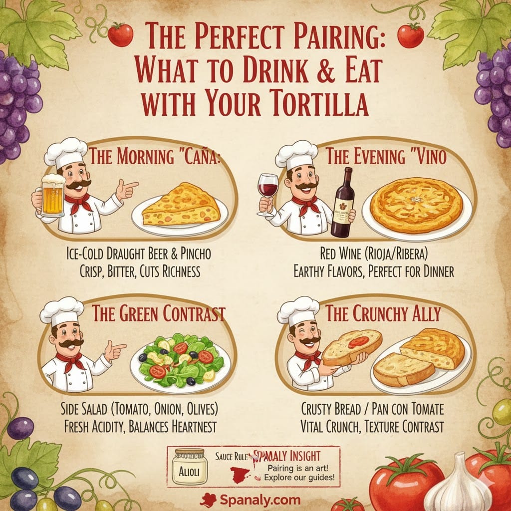 A colorful infographic titled The Perfect Pairing: What to Drink & Eat with Your Tortilla. It features four categories: The Morning Caña (beer), The Evening Vino (Rioja wine), The Green Contrast (salad), and The Crunchy Ally (crusty bread/pan con tomate). Includes an Alioli sauce rule and the Spanaly.com logo with a Spain map.