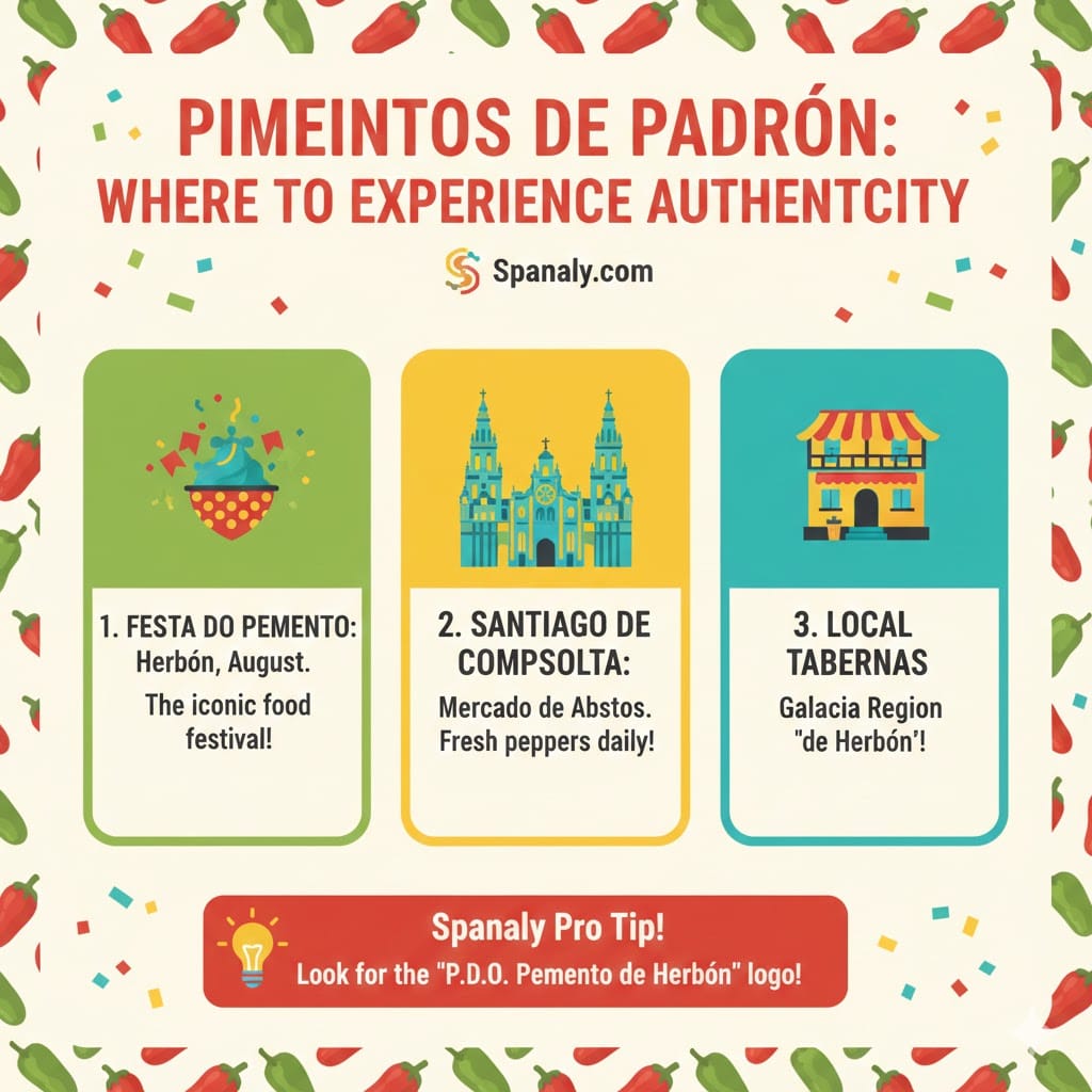 A colorful guide showing where to eat authentic Pimientos de Padrón in Galicia, featuring Herbón, Santiago de Compostela, and local food festivals - Spanaly.com.
