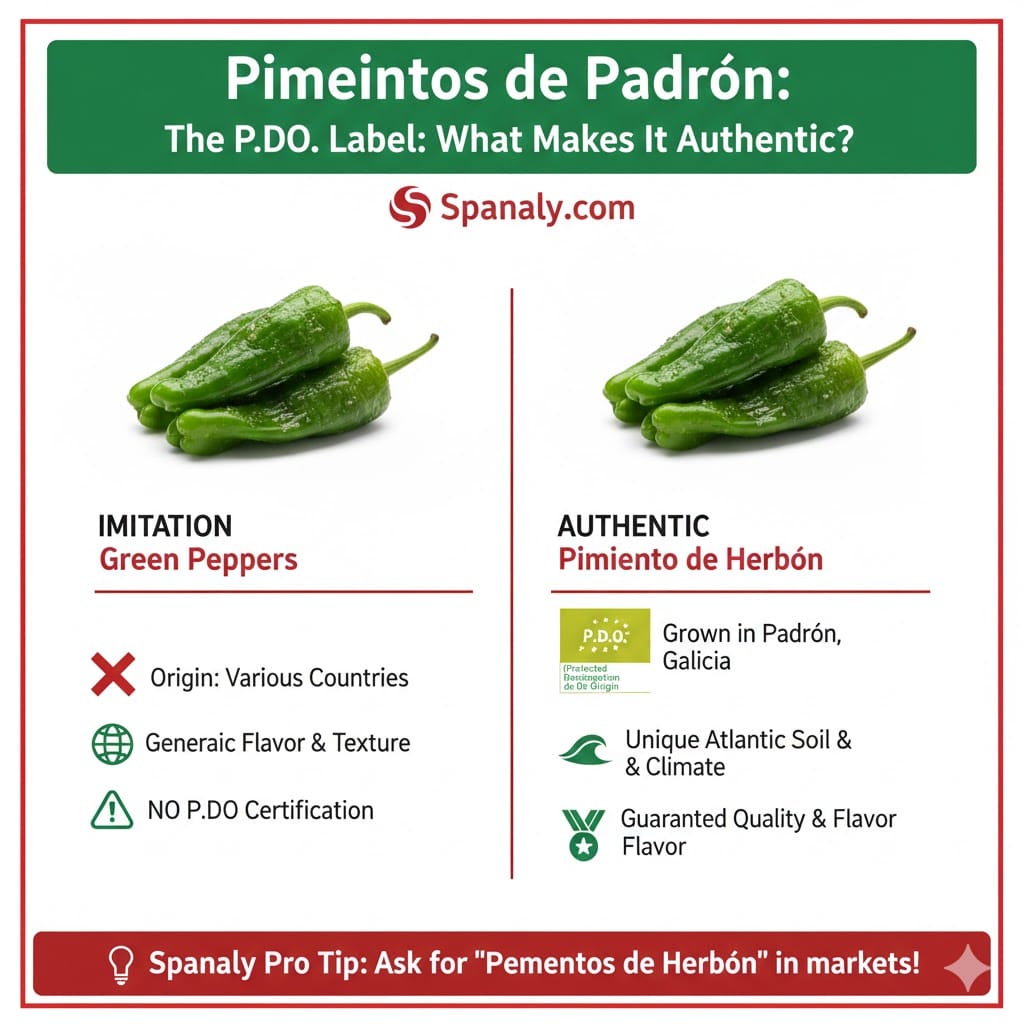 A detailed comparison infographic for Pimientos de Padrón, showing the difference between authentic PDO-certified peppers from Herbón, Galicia, and generic green peppers - Spanaly.com.