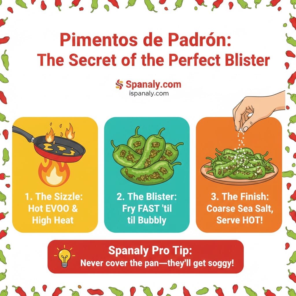 A 3-step cooking infographic for Pimientos de Padrón showing the sizzling olive oil, the blistering process, and the final seasoning with sea salt - Spanaly.com.