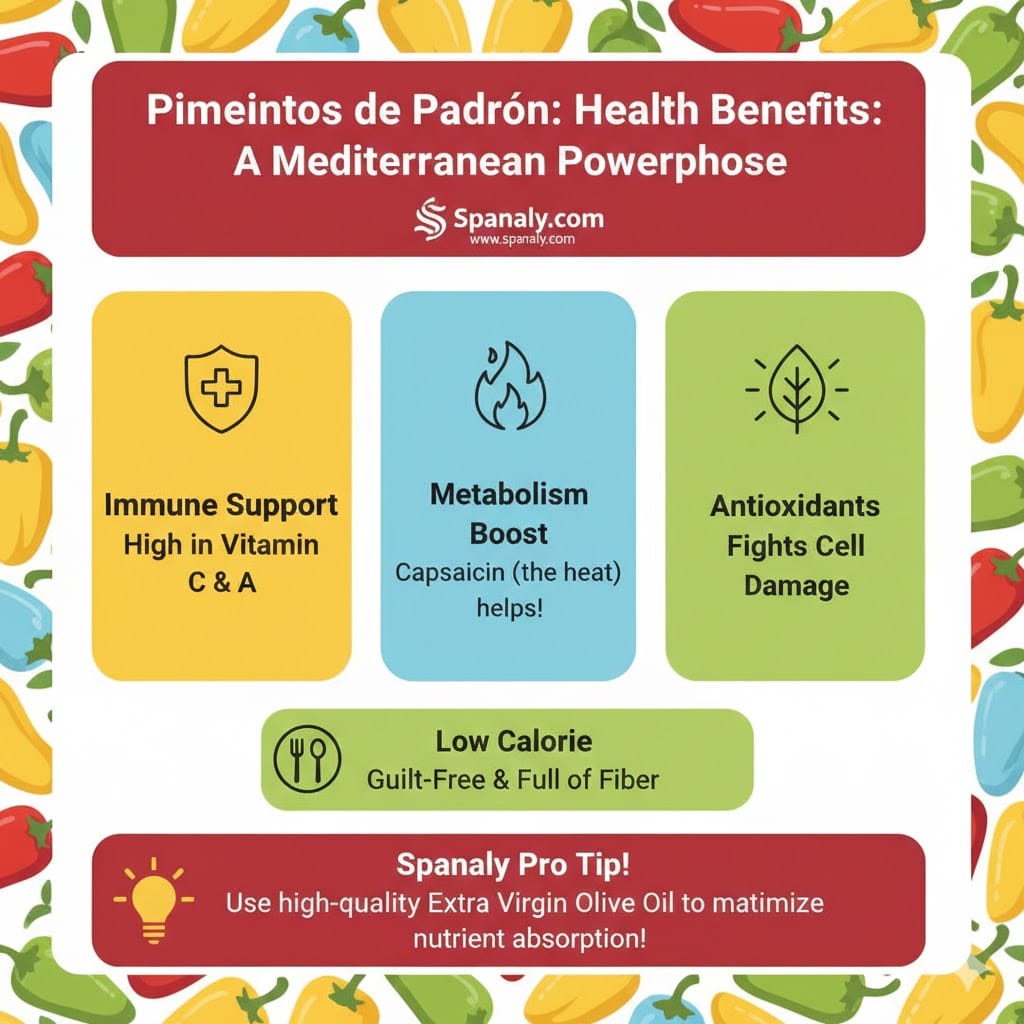 A colorful health infographic for Pimientos de Padrón highlighting immune support, metabolism boost, and antioxidant properties - Spanaly.com.